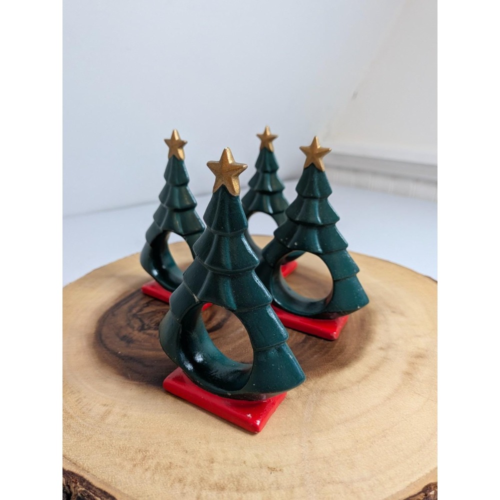Vintage Set of 4 Hand Painted Ceramic Christmas Tree Napkin Holders Rings